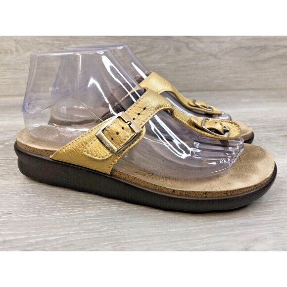 SAS Sanibel Women's Gold Nubuck Leather Slip-On Open Toe T-Strap Sz 9 Sandal - Picture 1 of 6